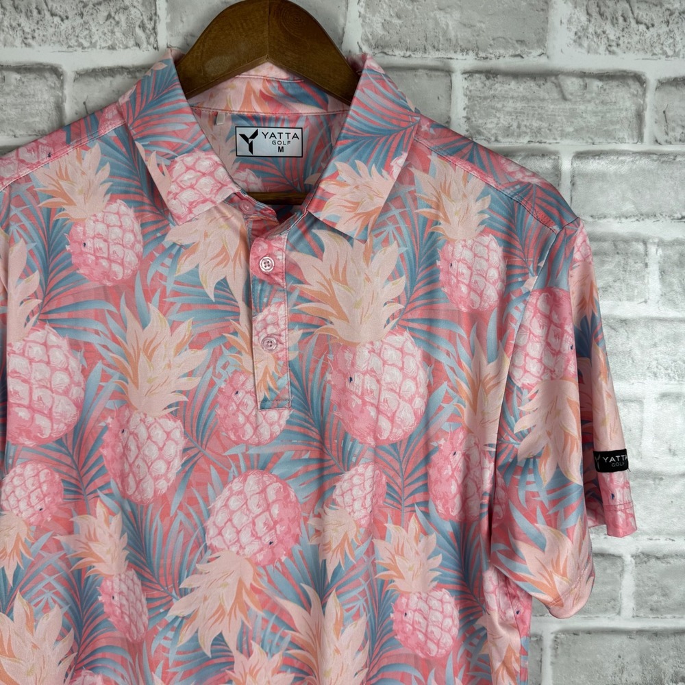 Yatta Golf Mens Pink Pineapple Tropical Print Performance Polo Shirt Size MEDIUM